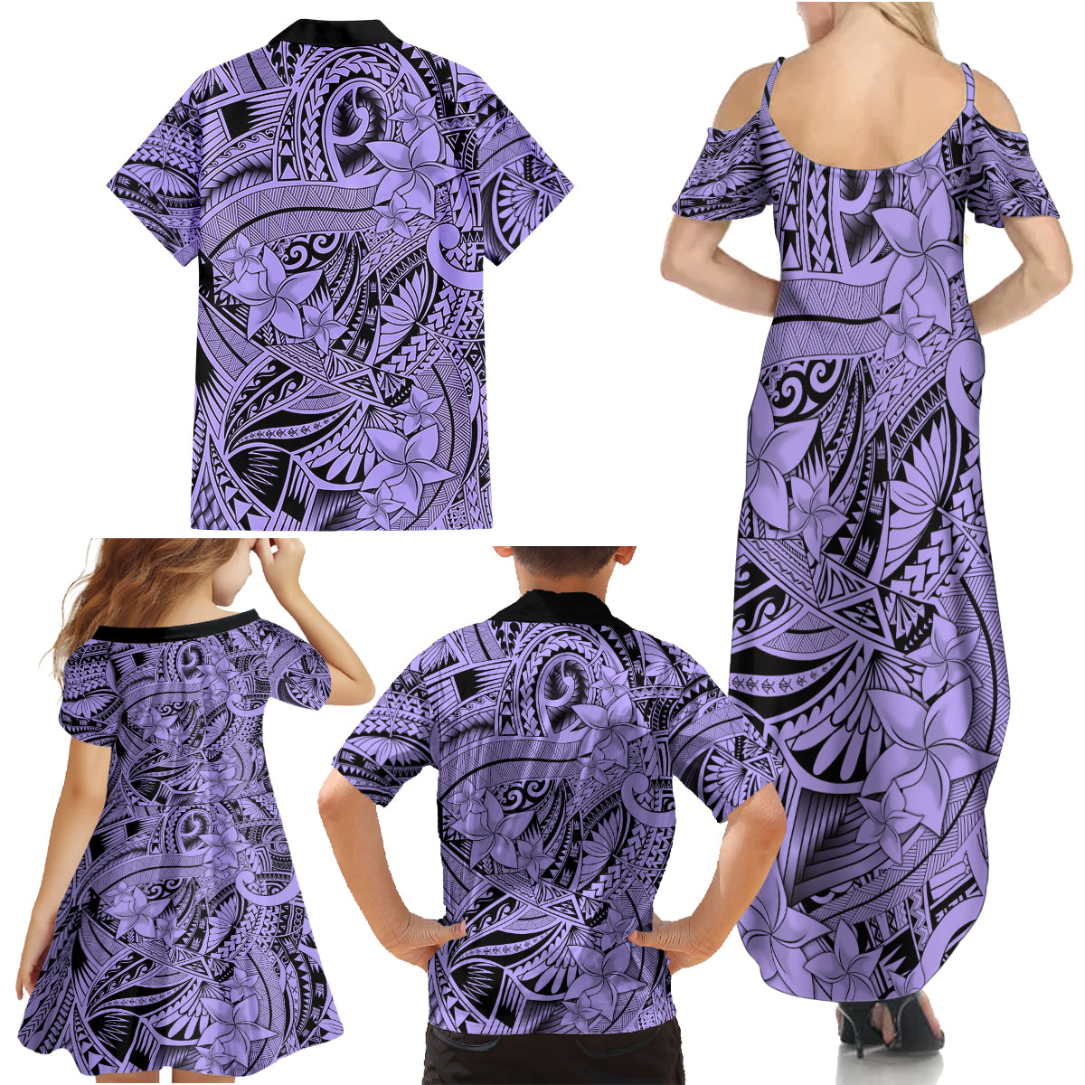 Polynesia Family Matching Summer Maxi Dress and Hawaiian Shirt Tribal Polynesian Spirit With Violet Pacific Flowers - Wonder Print Shop