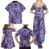 Polynesia Family Matching Summer Maxi Dress and Hawaiian Shirt Tribal Polynesian Spirit With Violet Pacific Flowers - Wonder Print Shop