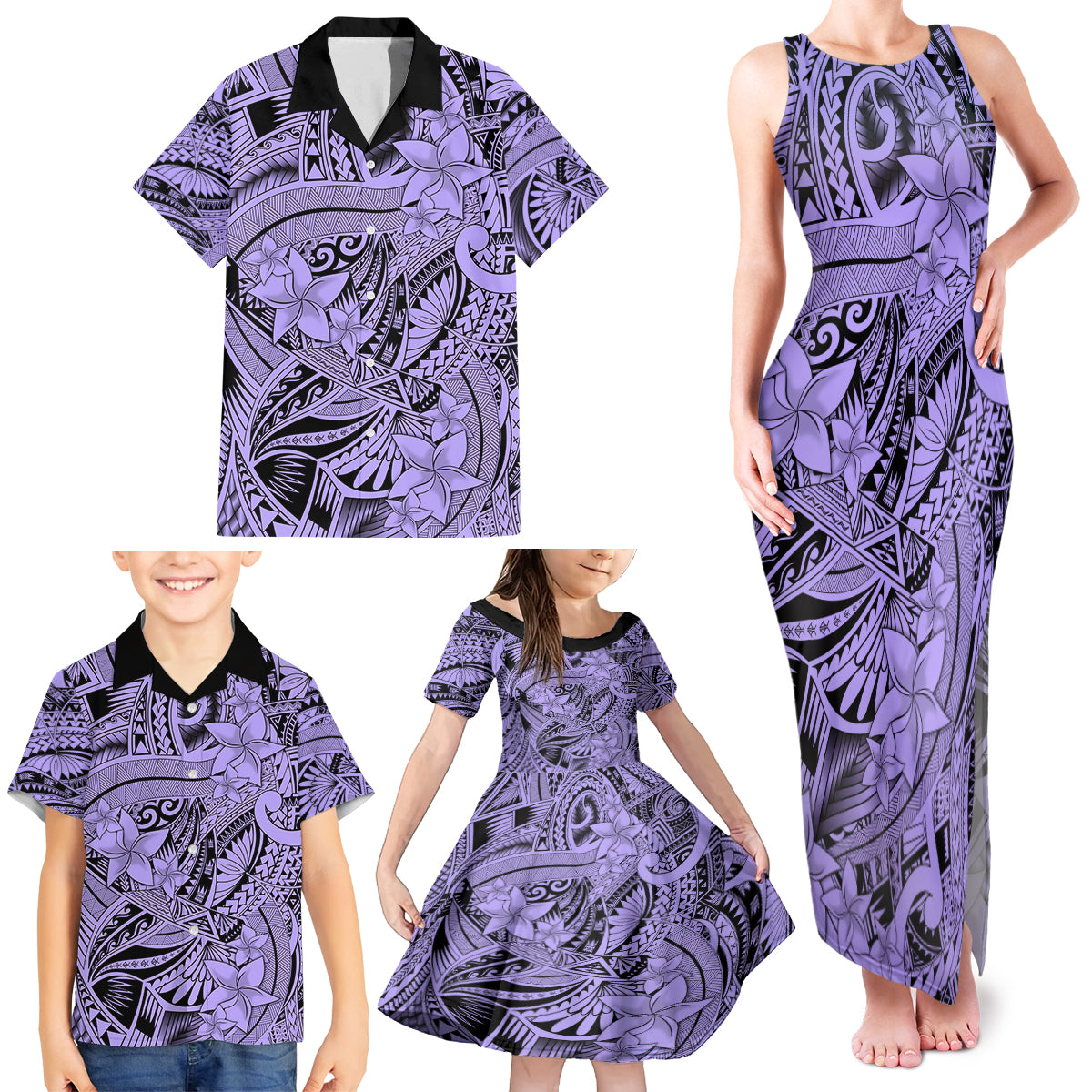 Polynesia Family Matching Tank Maxi Dress and Hawaiian Shirt Tribal Polynesian Spirit With Violet Pacific Flowers - Wonder Print Shop