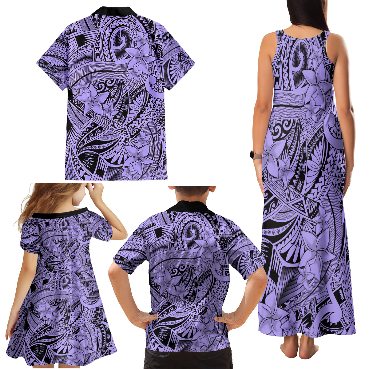 Polynesia Family Matching Tank Maxi Dress and Hawaiian Shirt Tribal Polynesian Spirit With Violet Pacific Flowers - Wonder Print Shop