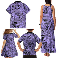 Polynesia Family Matching Tank Maxi Dress and Hawaiian Shirt Tribal Polynesian Spirit With Violet Pacific Flowers - Wonder Print Shop