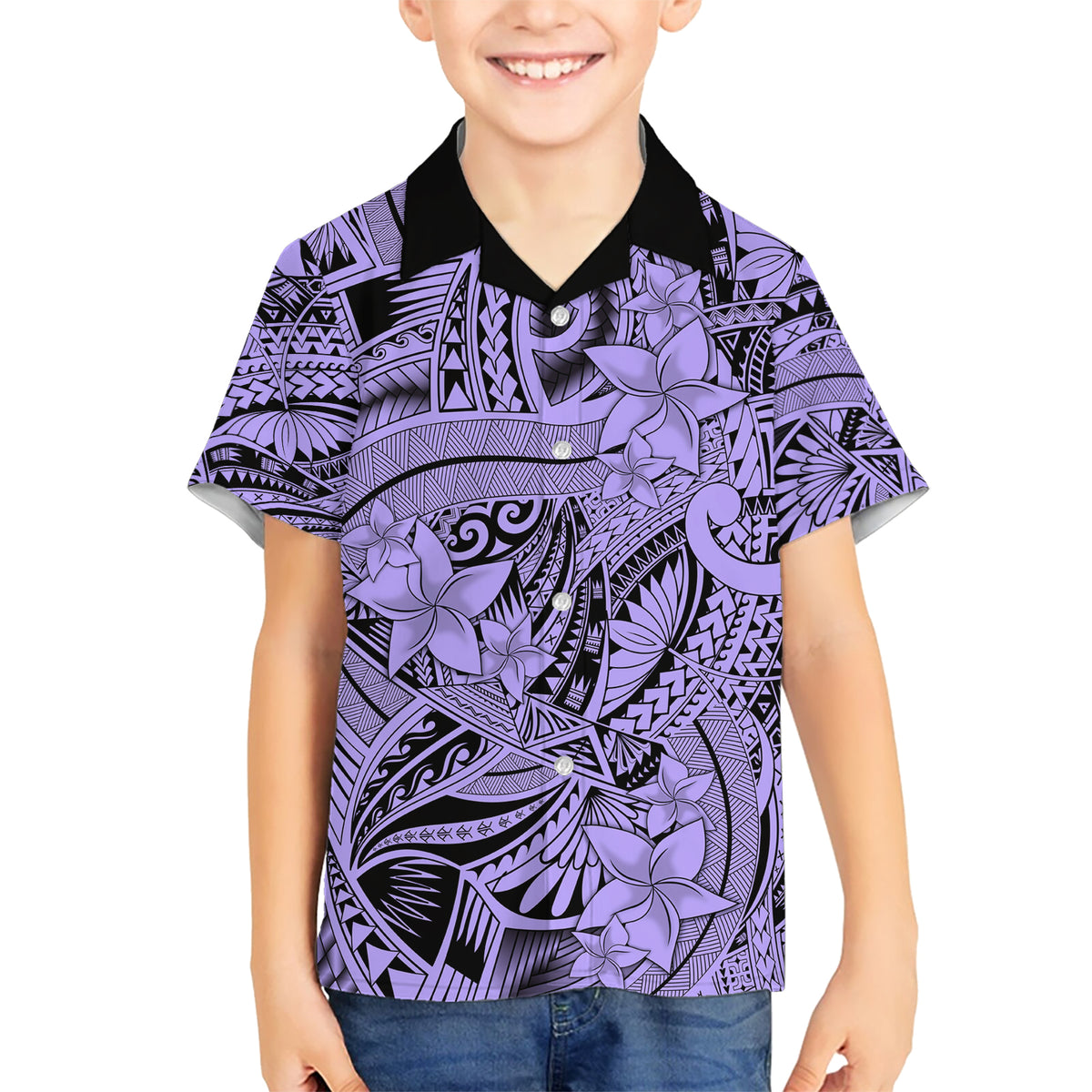 Polynesia Kid Hawaiian Shirt Tribal Polynesian Spirit With Violet Pacific Flowers - Wonder Print Shop