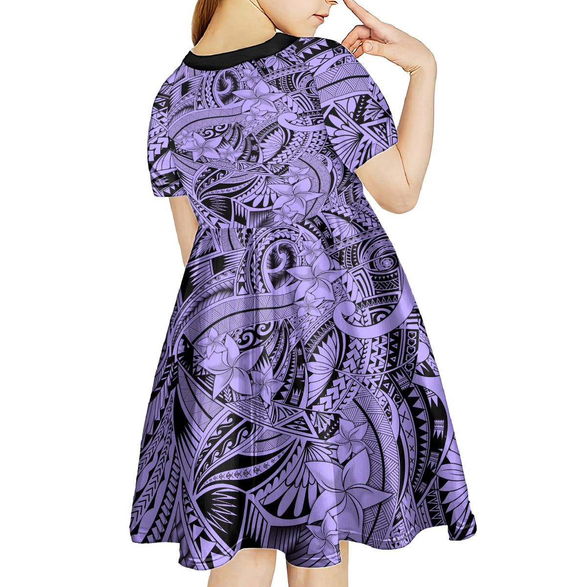 Polynesia Kid Short Sleeve Dress Tribal Polynesian Spirit With Violet Pacific Flowers - Wonder Print Shop