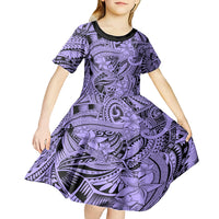 Polynesia Kid Short Sleeve Dress Tribal Polynesian Spirit With Violet Pacific Flowers - Wonder Print Shop
