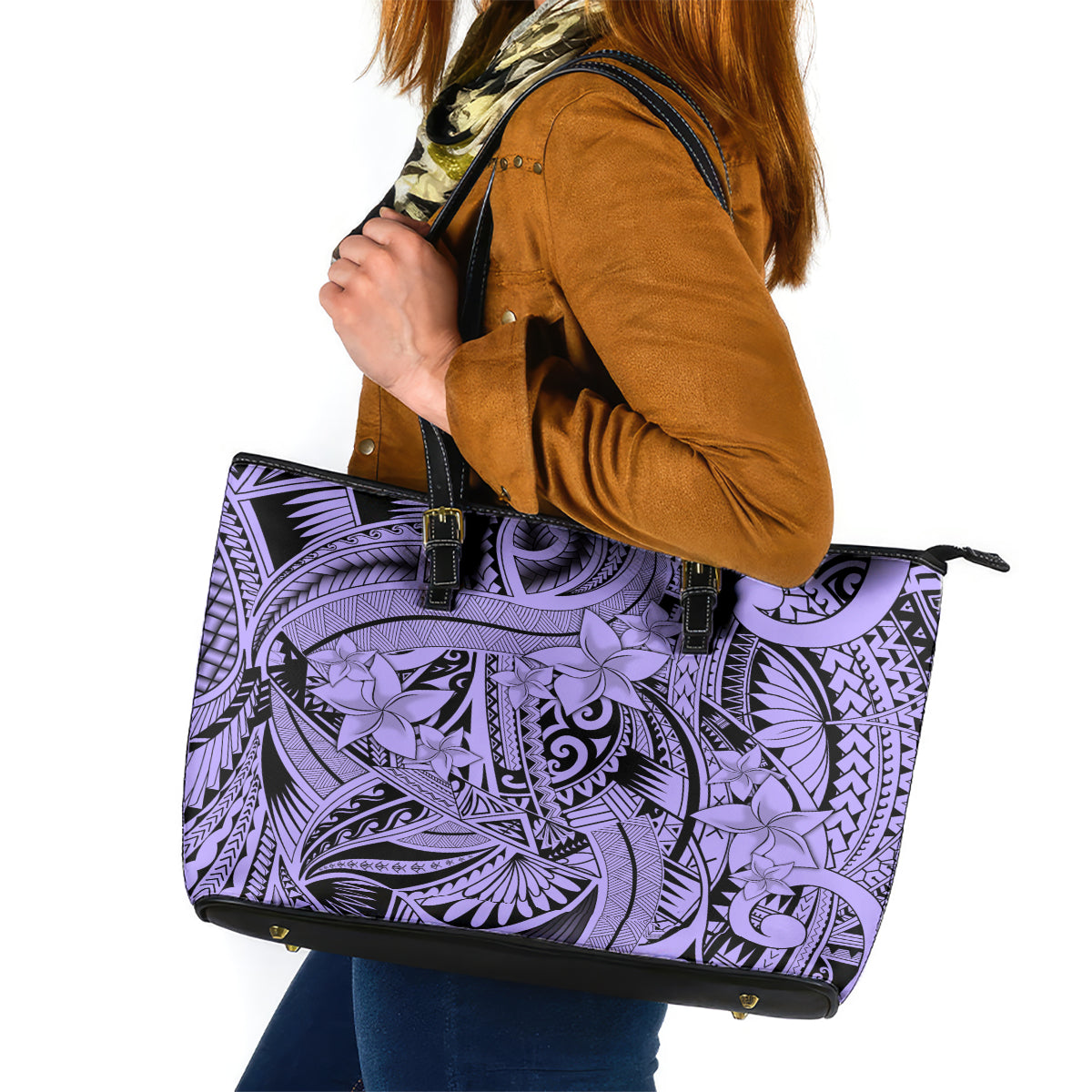 Polynesia Leather Tote Bag Tribal Polynesian Spirit With Violet Pacific Flowers - Wonder Print Shop