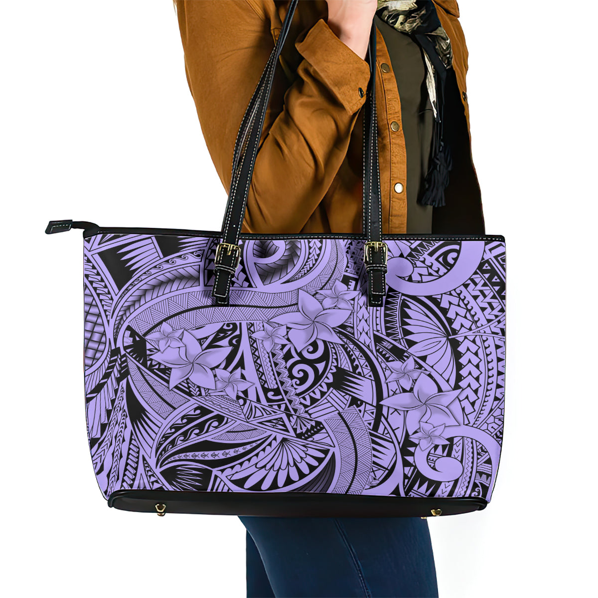 Polynesia Leather Tote Bag Tribal Polynesian Spirit With Violet Pacific Flowers - Wonder Print Shop