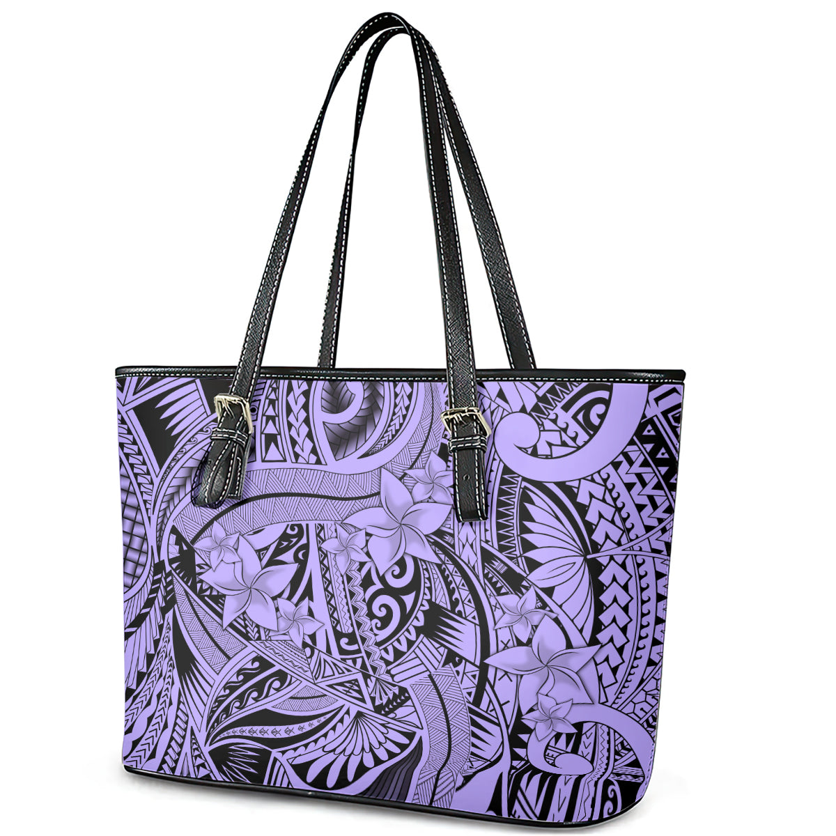 Polynesia Leather Tote Bag Tribal Polynesian Spirit With Violet Pacific Flowers - Wonder Print Shop