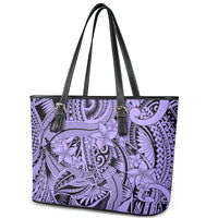 Polynesia Leather Tote Bag Tribal Polynesian Spirit With Violet Pacific Flowers - Wonder Print Shop