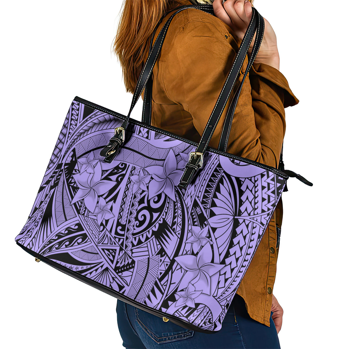 Polynesia Leather Tote Bag Tribal Polynesian Spirit With Violet Pacific Flowers - Wonder Print Shop