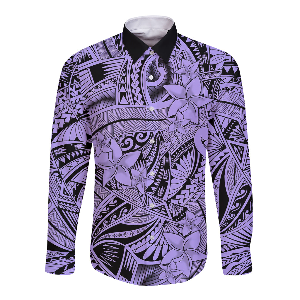 Polynesia Long Sleeve Button Shirt Tribal Polynesian Spirit With Violet Pacific Flowers - Wonder Print Shop