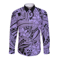 Polynesia Long Sleeve Button Shirt Tribal Polynesian Spirit With Violet Pacific Flowers - Wonder Print Shop