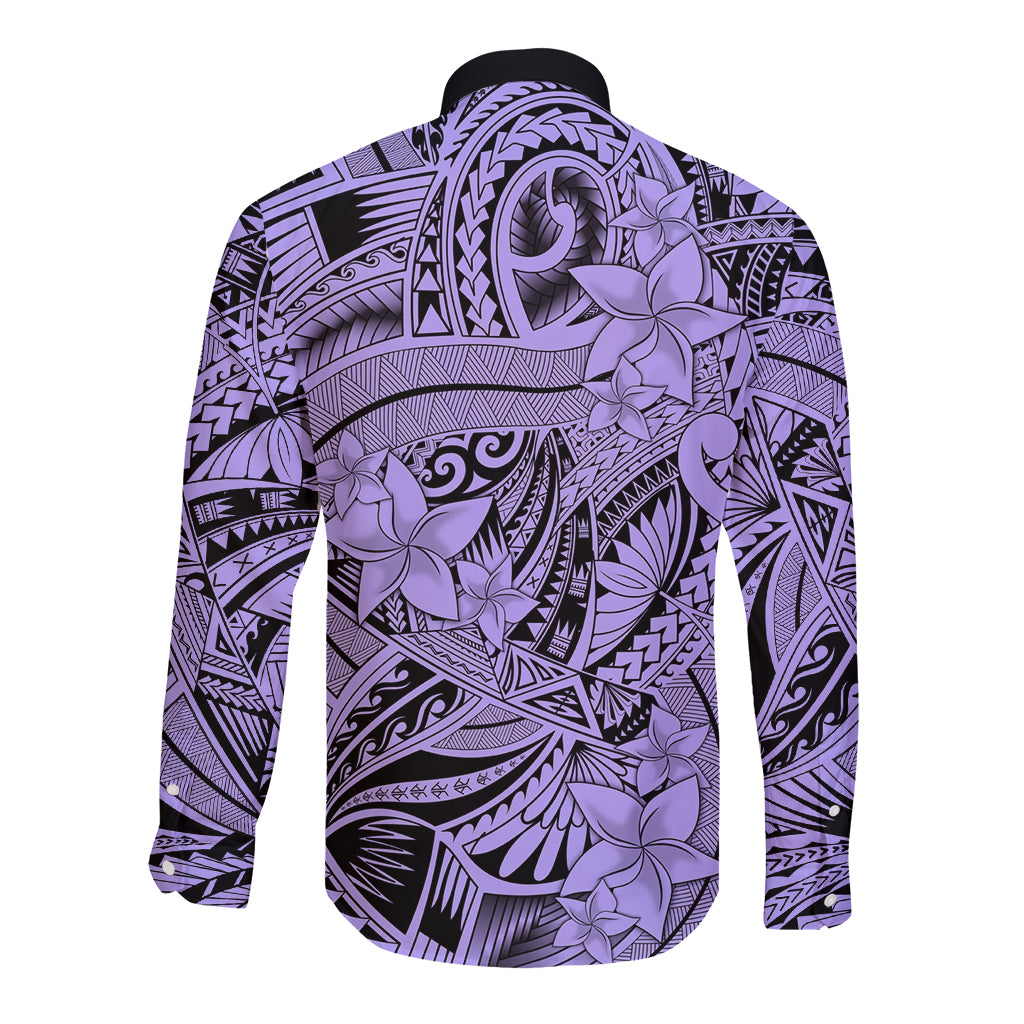 Polynesia Long Sleeve Button Shirt Tribal Polynesian Spirit With Violet Pacific Flowers - Wonder Print Shop