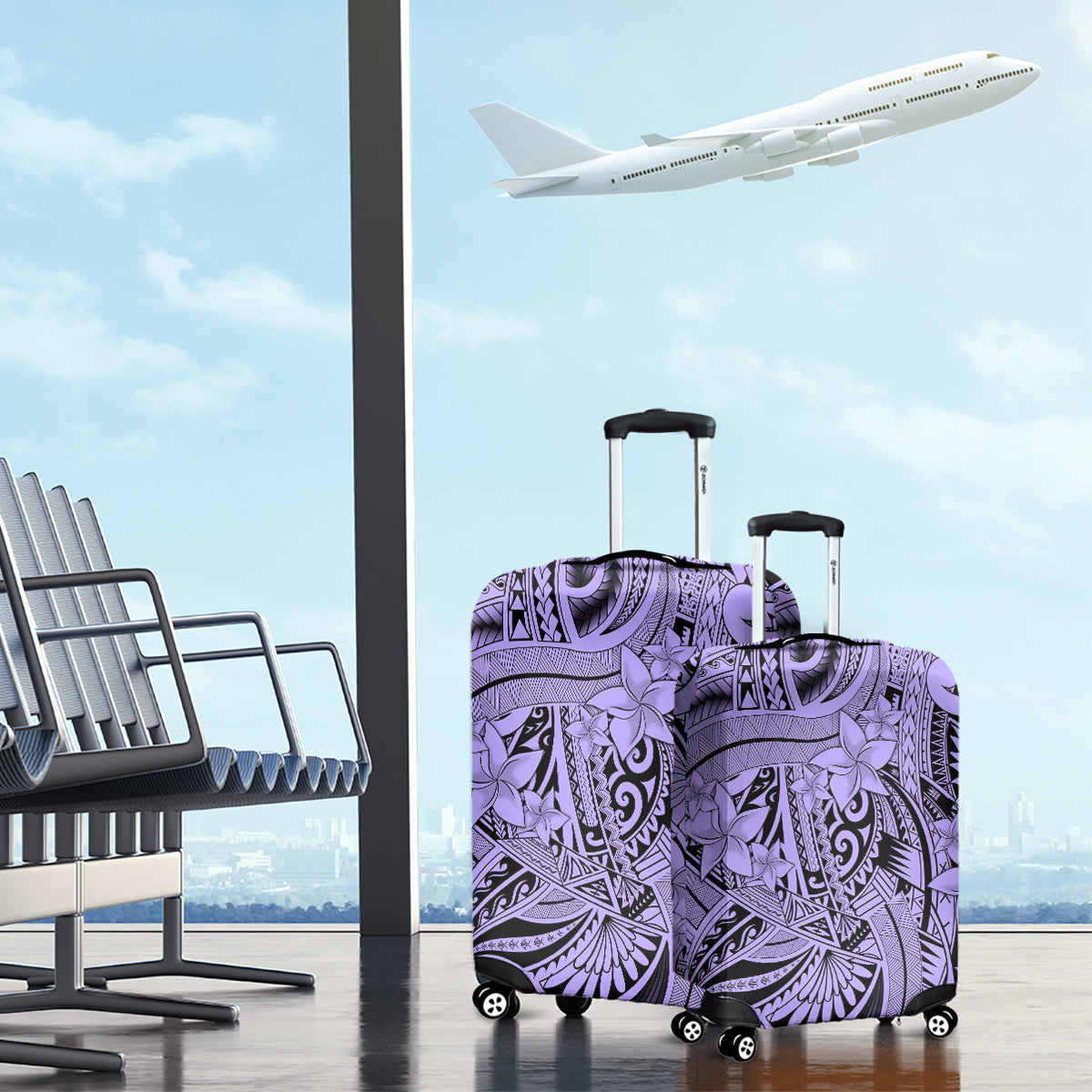 Polynesia Luggage Cover Tribal Polynesian Spirit With Violet Pacific Flowers - Wonder Print Shop