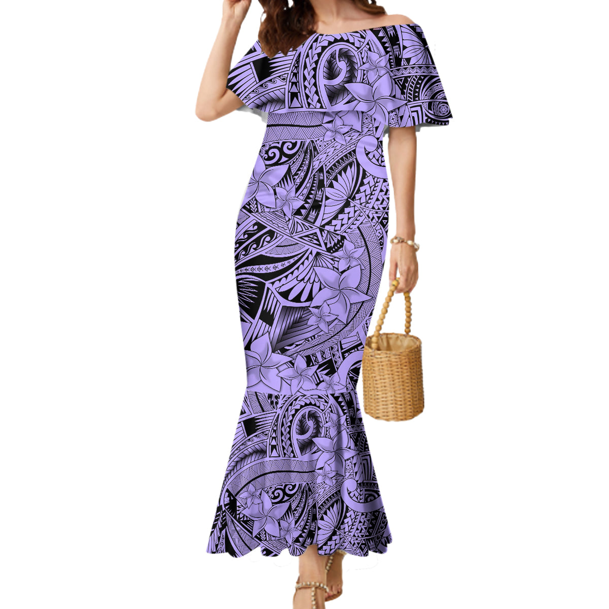 Polynesia Mermaid Dress Tribal Polynesian Spirit With Violet Pacific Flowers - Wonder Print Shop