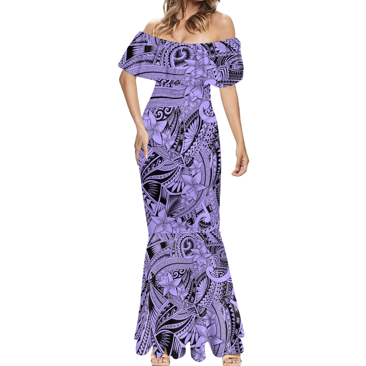 Polynesia Mermaid Dress Tribal Polynesian Spirit With Violet Pacific Flowers - Wonder Print Shop