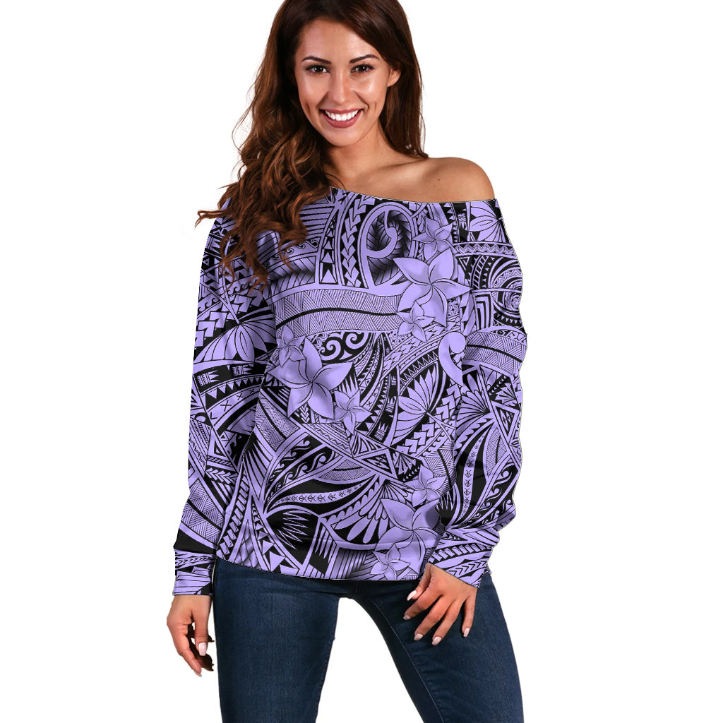 Polynesia Off Shoulder Sweater Tribal Polynesian Spirit With Violet Pacific Flowers - Wonder Print Shop