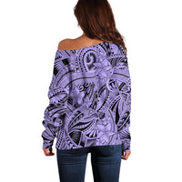 Polynesia Off Shoulder Sweater Tribal Polynesian Spirit With Violet Pacific Flowers - Wonder Print Shop