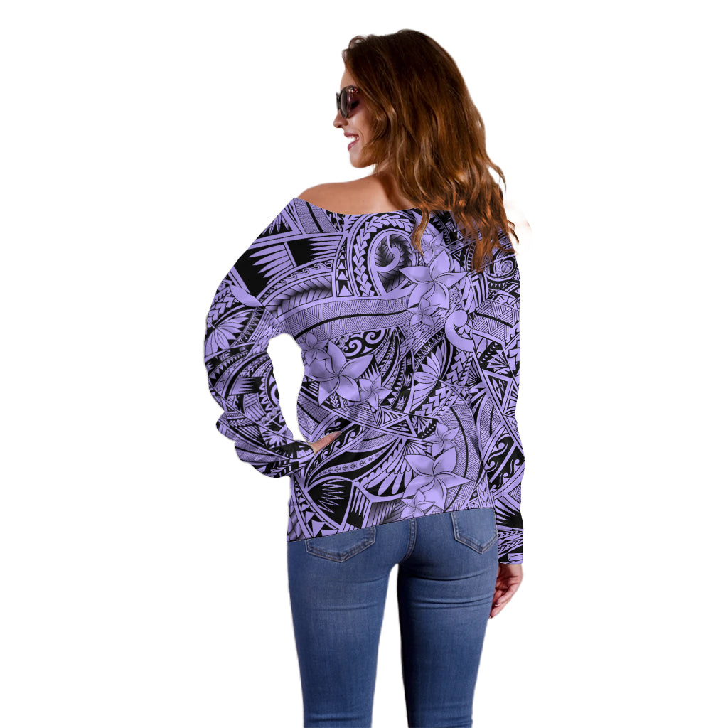 Polynesia Off Shoulder Sweater Tribal Polynesian Spirit With Violet Pacific Flowers - Wonder Print Shop