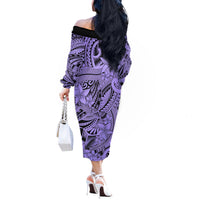 Polynesia Off The Shoulder Long Sleeve Dress Tribal Polynesian Spirit With Violet Pacific Flowers - Wonder Print Shop