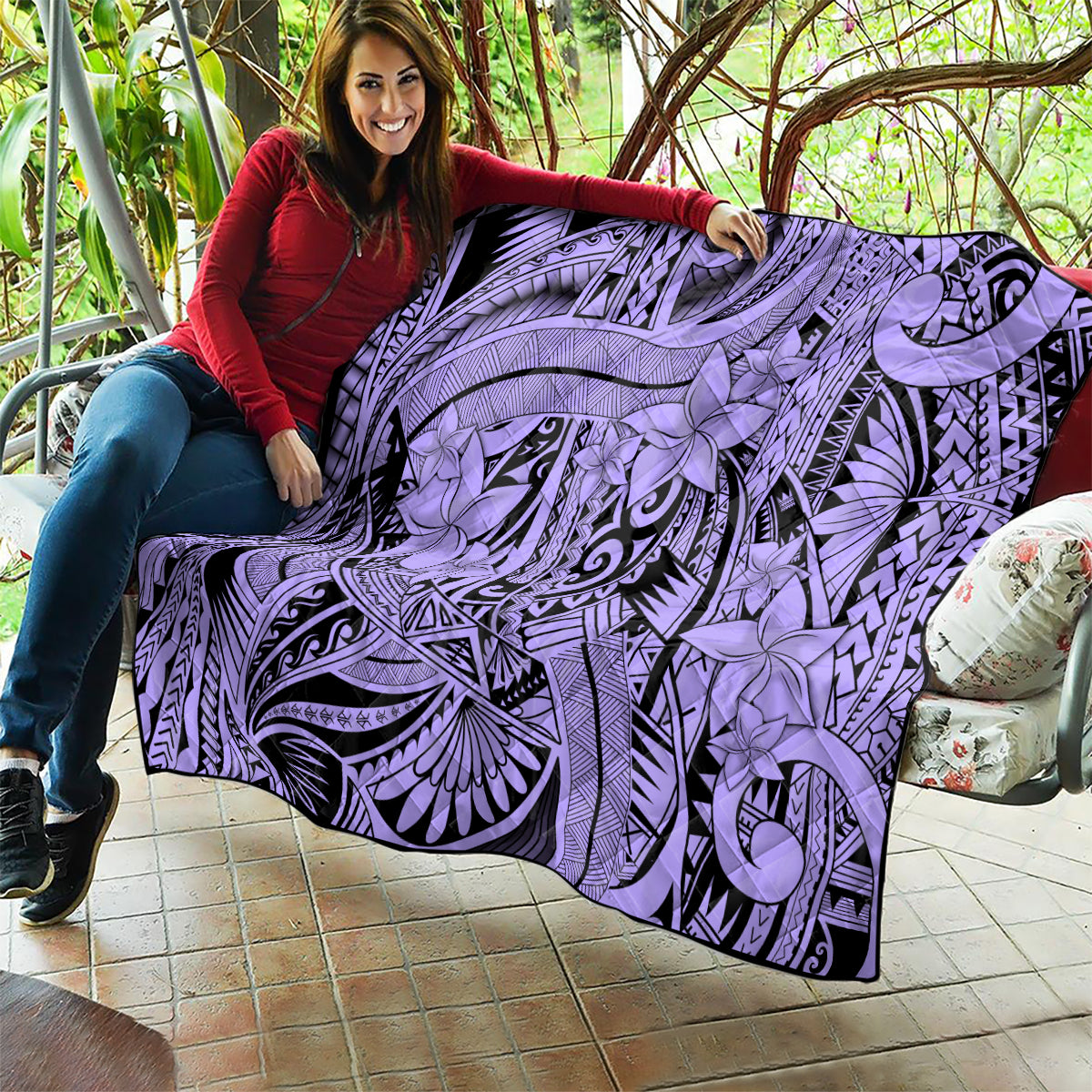 Polynesia Quilt Tribal Polynesian Spirit With Violet Pacific Flowers - Wonder Print Shop