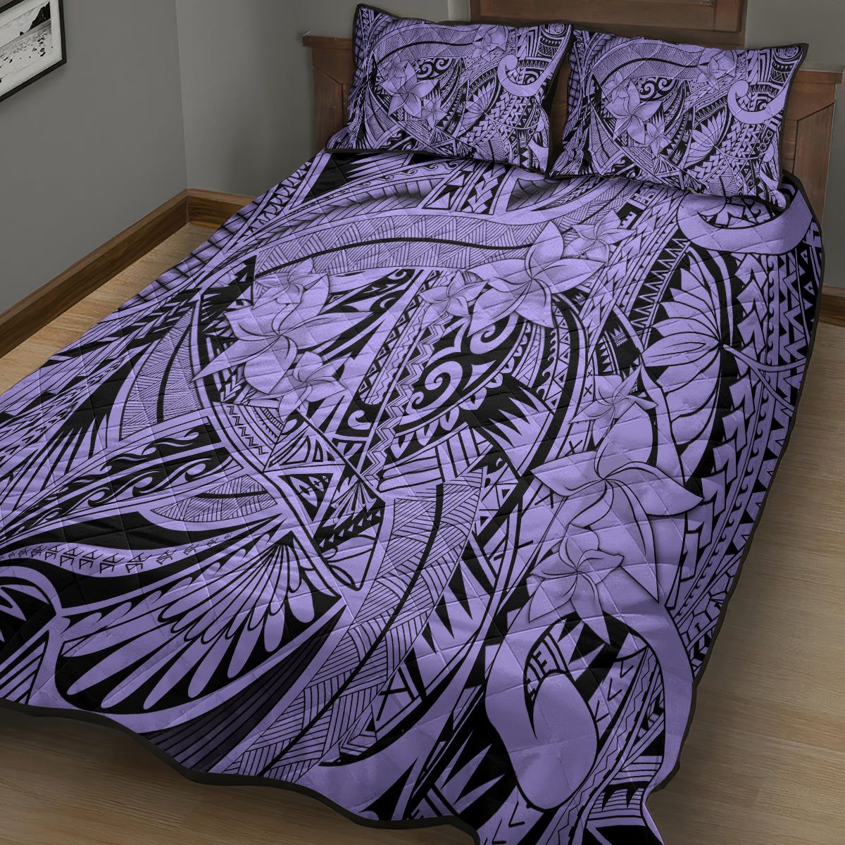 Polynesia Quilt Bed Set Tribal Polynesian Spirit With Violet Pacific Flowers - Wonder Print Shop