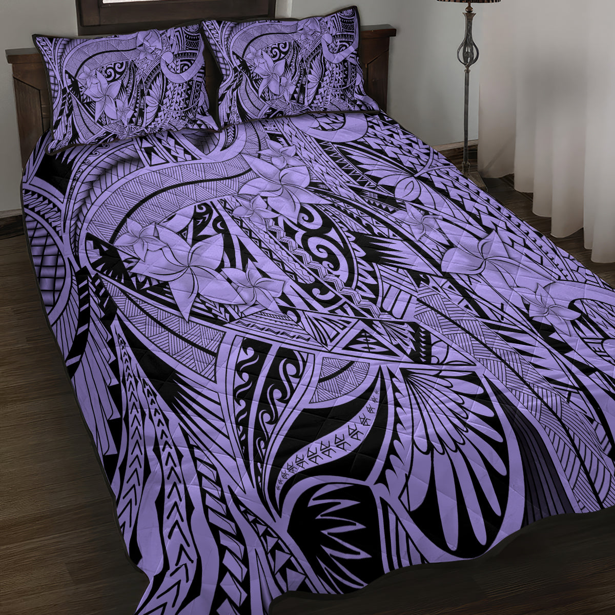 Polynesia Quilt Bed Set Tribal Polynesian Spirit With Violet Pacific Flowers - Wonder Print Shop