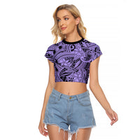 Polynesia Raglan Cropped T Shirt Tribal Polynesian Spirit With Violet Pacific Flowers - Wonder Print Shop