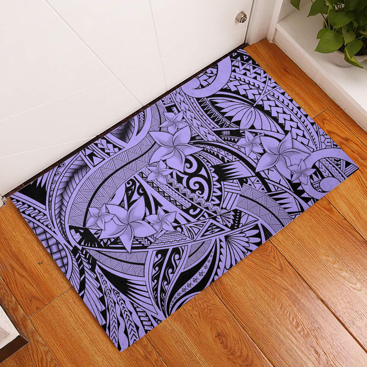 Polynesia Rubber Doormat Tribal Polynesian Spirit With Violet Pacific Flowers - Wonder Print Shop
