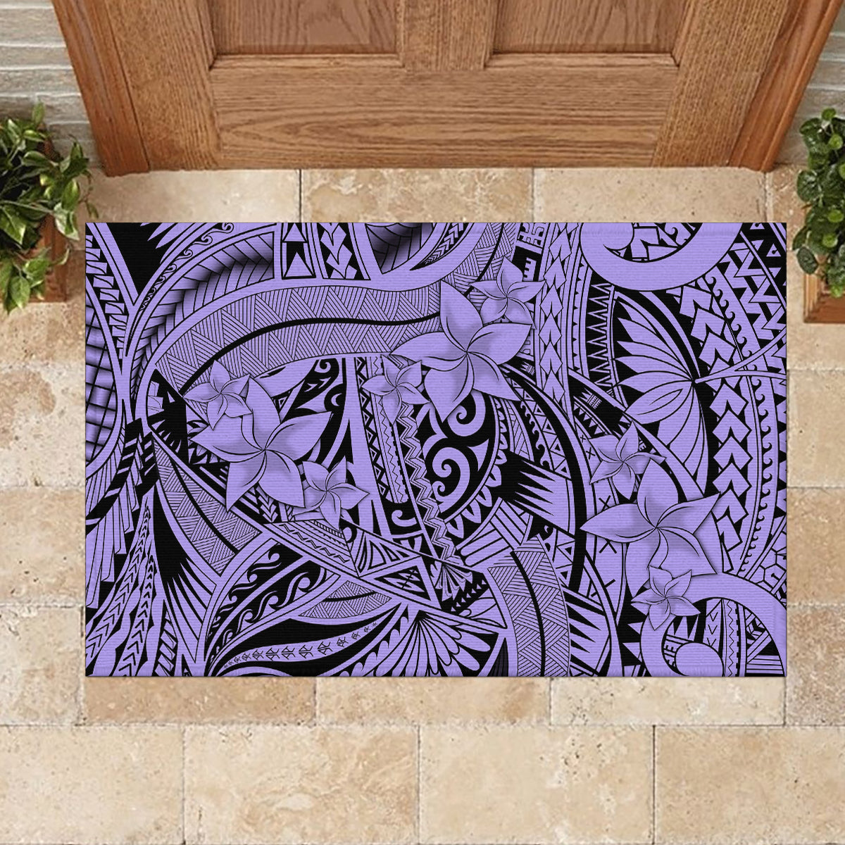 Polynesia Rubber Doormat Tribal Polynesian Spirit With Violet Pacific Flowers - Wonder Print Shop