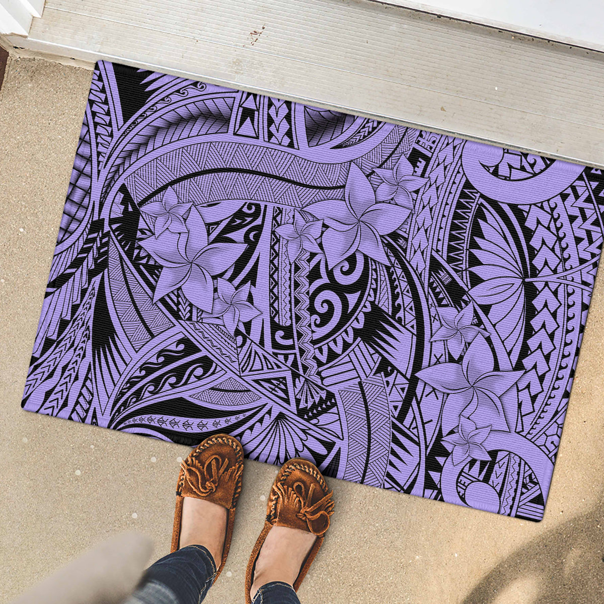 Polynesia Rubber Doormat Tribal Polynesian Spirit With Violet Pacific Flowers - Wonder Print Shop