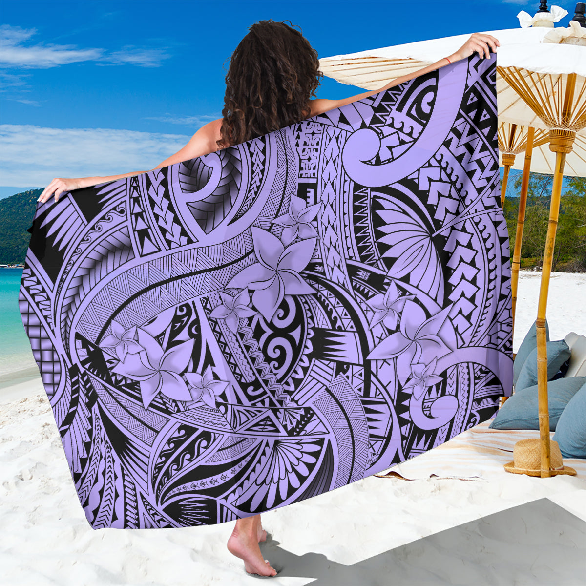 Polynesia Sarong Tribal Polynesian Spirit With Violet Pacific Flowers - Wonder Print Shop