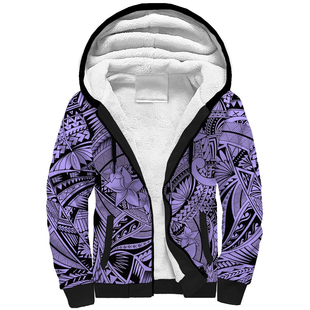 Polynesia Sherpa Hoodie Tribal Polynesian Spirit With Violet Pacific Flowers - Wonder Print Shop