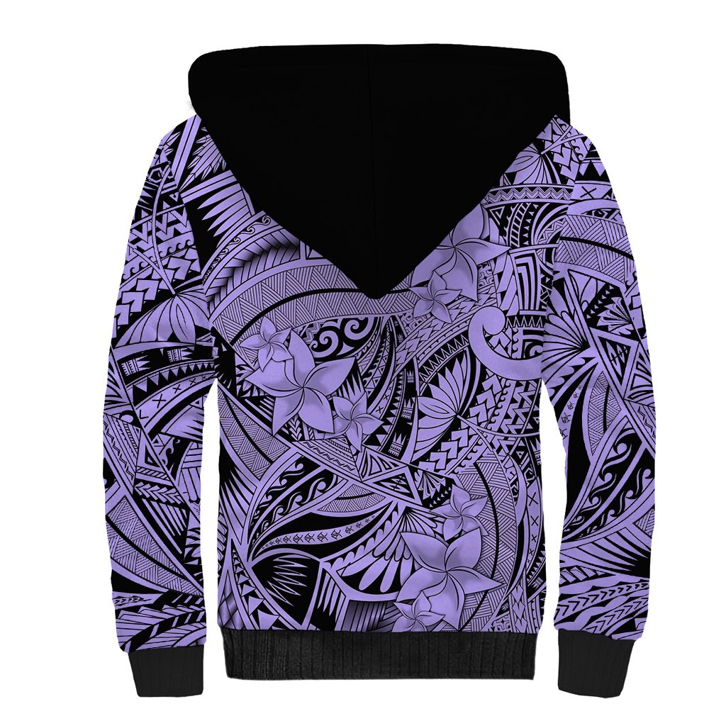 Polynesia Sherpa Hoodie Tribal Polynesian Spirit With Violet Pacific Flowers - Wonder Print Shop