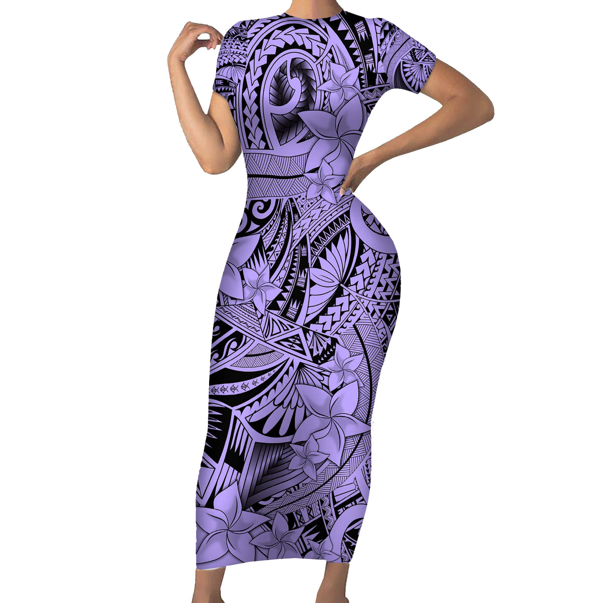 Polynesia Short Sleeve Bodycon Dress Tribal Polynesian Spirit With Violet Pacific Flowers - Wonder Print Shop