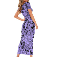 Polynesia Short Sleeve Bodycon Dress Tribal Polynesian Spirit With Violet Pacific Flowers - Wonder Print Shop