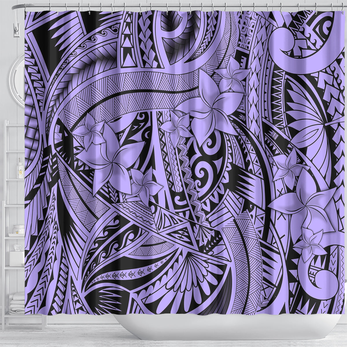 polynesia-shower-curtain-tribal-polynesian-spirit-with-violet-pacific-flowers