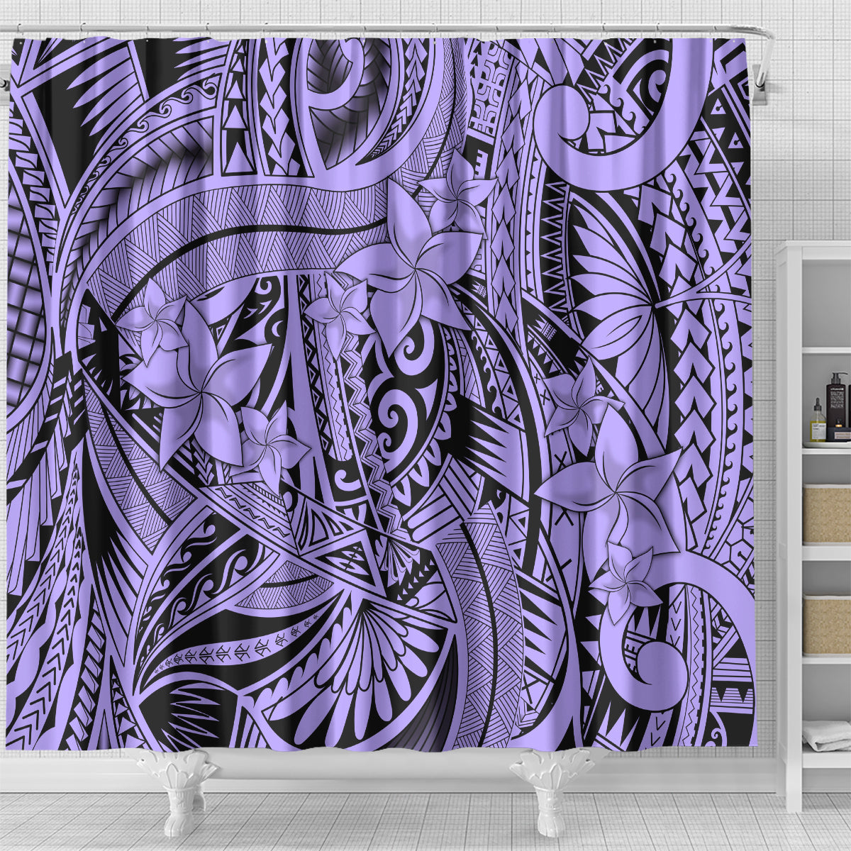 polynesia-shower-curtain-tribal-polynesian-spirit-with-violet-pacific-flowers