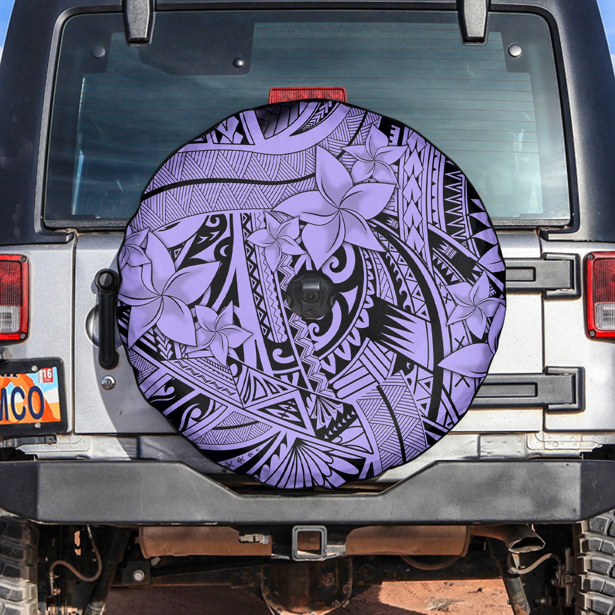 Polynesia Spare Tire Cover Tribal Polynesian Spirit With Violet Pacific Flowers - Wonder Print Shop