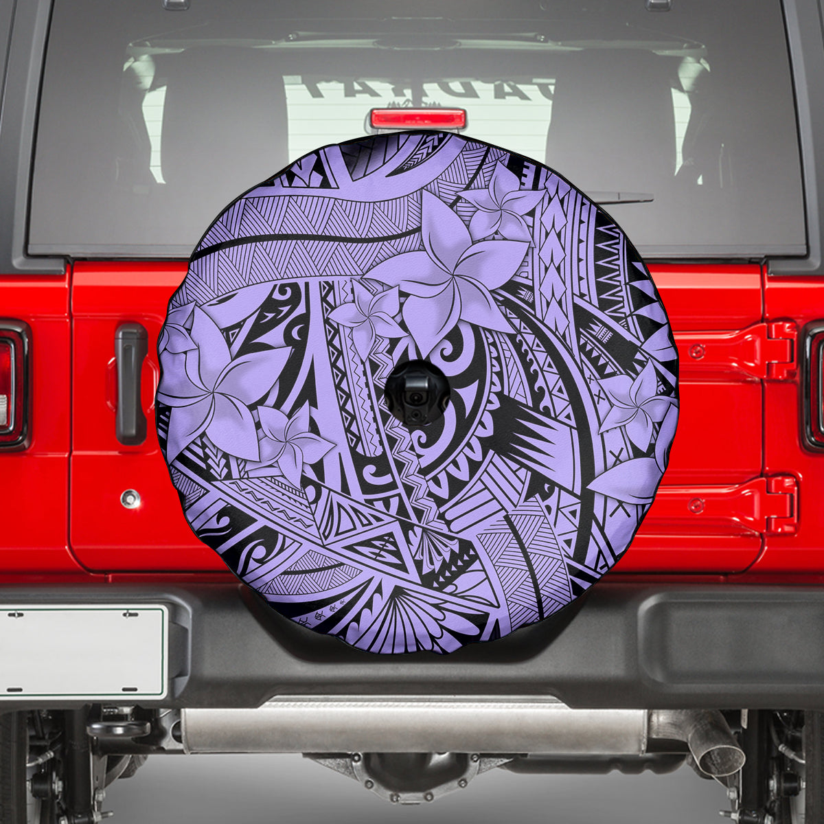 Polynesia Spare Tire Cover Tribal Polynesian Spirit With Violet Pacific Flowers - Wonder Print Shop