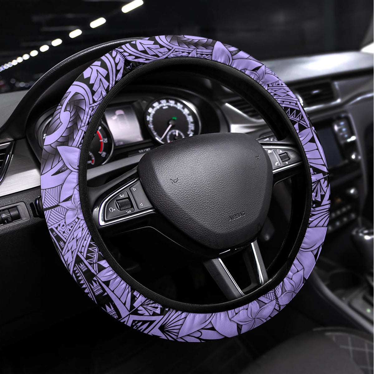 Polynesia Steering Wheel Cover Tribal Polynesian Spirit With Violet Pacific Flowers - Wonder Print Shop