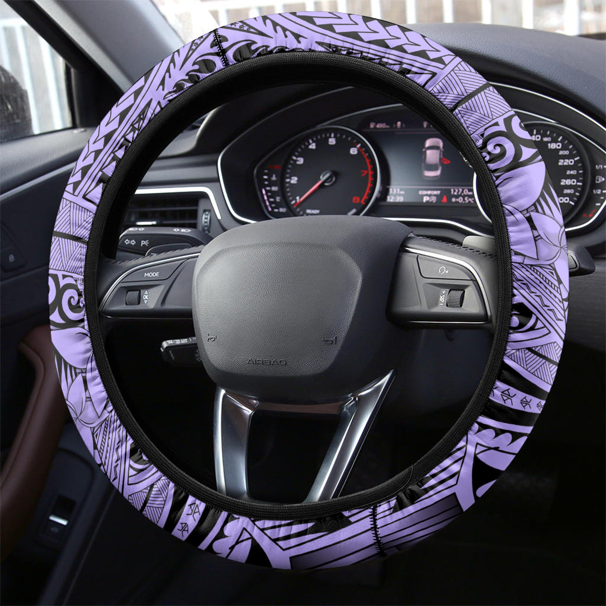 Polynesia Steering Wheel Cover Tribal Polynesian Spirit With Violet Pacific Flowers - Wonder Print Shop