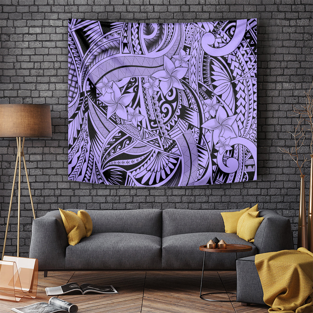 Polynesia Tapestry Tribal Polynesian Spirit With Violet Pacific Flowers - Wonder Print Shop