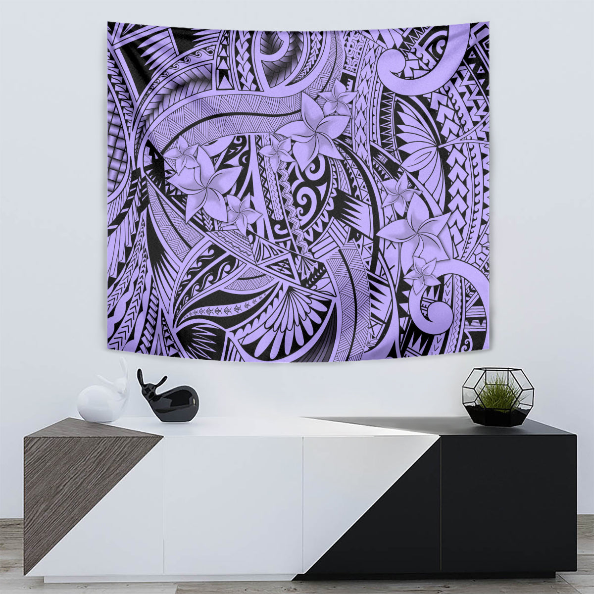 Polynesia Tapestry Tribal Polynesian Spirit With Violet Pacific Flowers - Wonder Print Shop