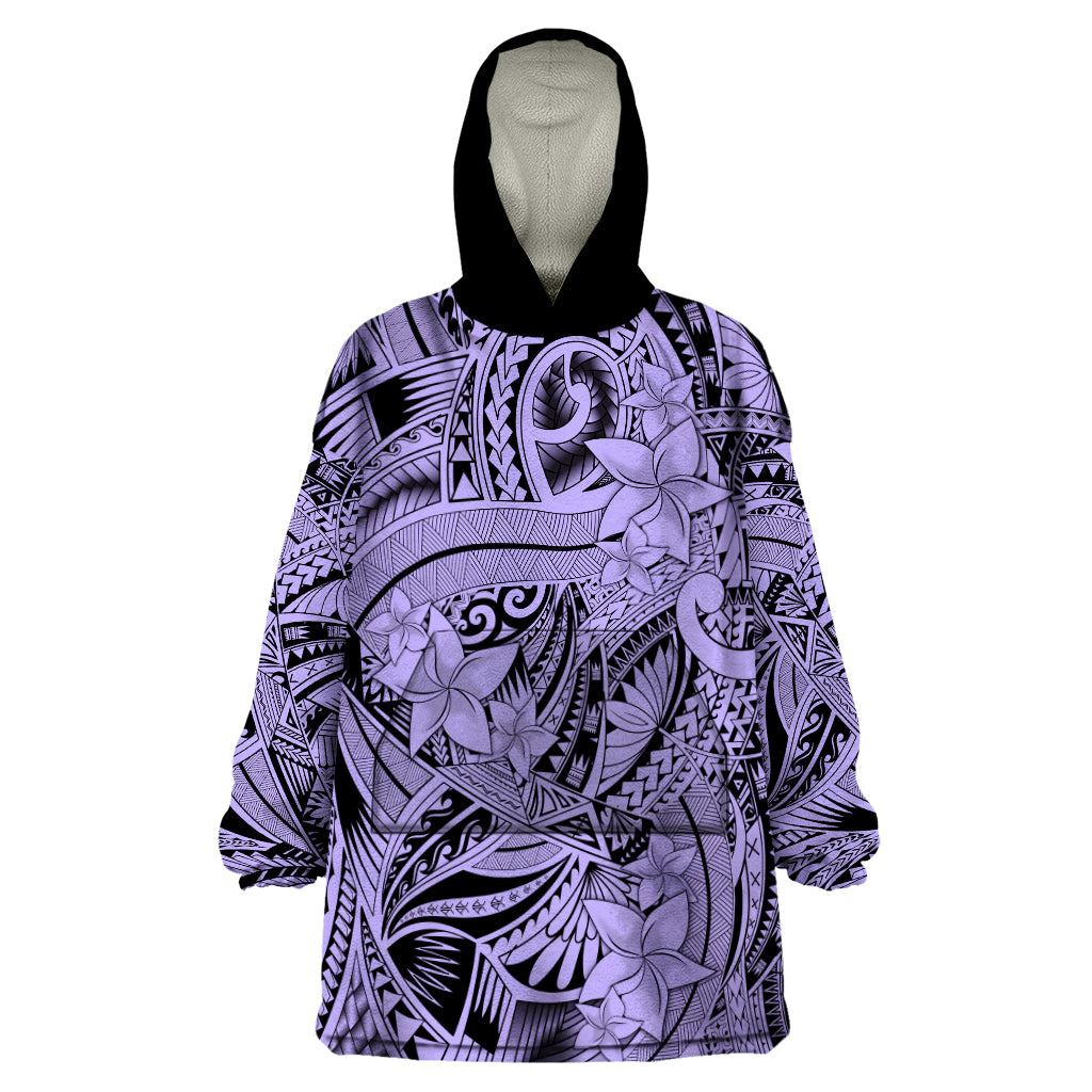 Polynesia Wearable Blanket Hoodie Tribal Polynesian Spirit With Violet Pacific Flowers - Wonder Print Shop