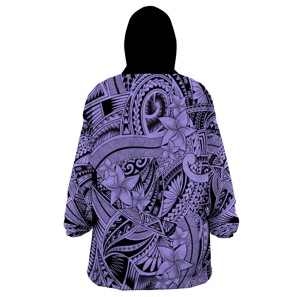 Polynesia Wearable Blanket Hoodie Tribal Polynesian Spirit With Violet Pacific Flowers - Wonder Print Shop
