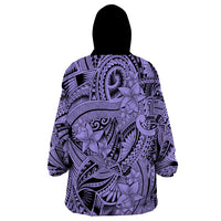 Polynesia Wearable Blanket Hoodie Tribal Polynesian Spirit With Violet Pacific Flowers - Wonder Print Shop