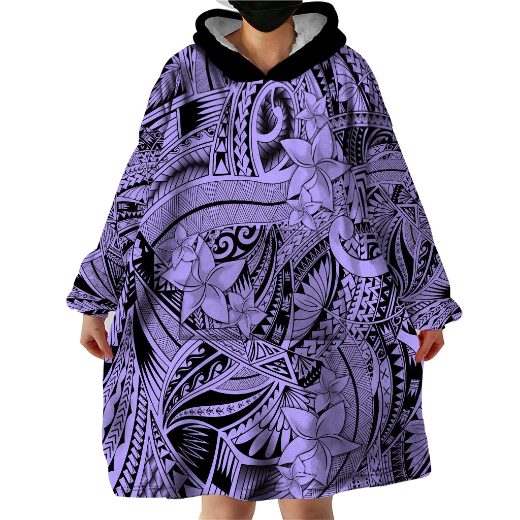 Polynesia Wearable Blanket Hoodie Tribal Polynesian Spirit With Violet Pacific Flowers - Wonder Print Shop