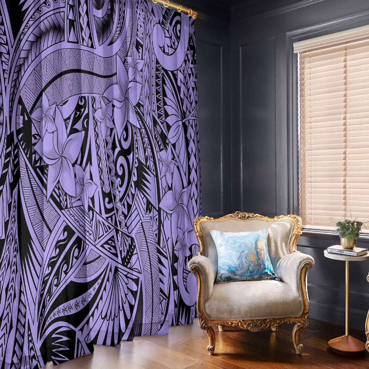 Polynesia Window Curtain Tribal Polynesian Spirit With Violet Pacific Flowers - Wonder Print Shop