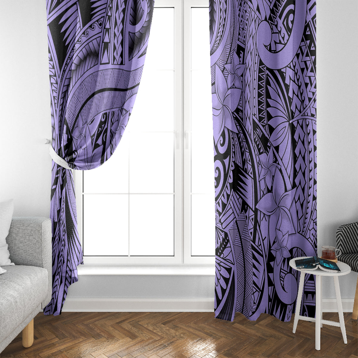 Polynesia Window Curtain Tribal Polynesian Spirit With Violet Pacific Flowers - Wonder Print Shop