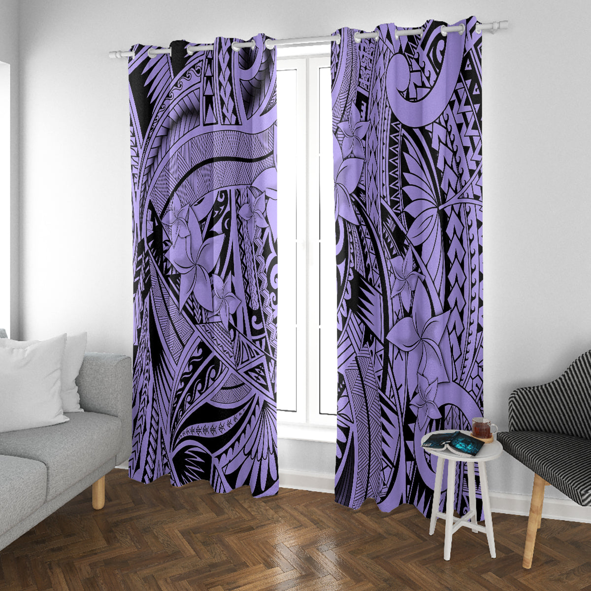 Polynesia Window Curtain Tribal Polynesian Spirit With Violet Pacific Flowers - Wonder Print Shop